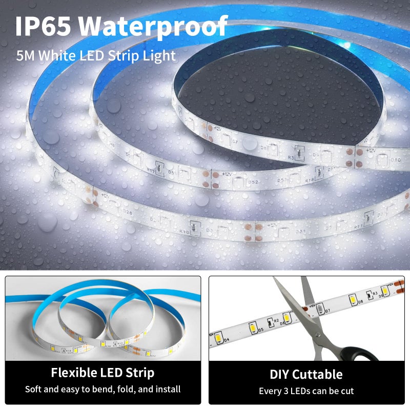 iNextStation 12V LED Light Strip White, 16.4ft/5m LED Strip 6000K IP65 Waterproof Cuttable SMD2835 300LEDs Tape Flexible Led Lights for Bedroom Cabinet Kitchen Decor (Power Adapter not Included) - Image 3